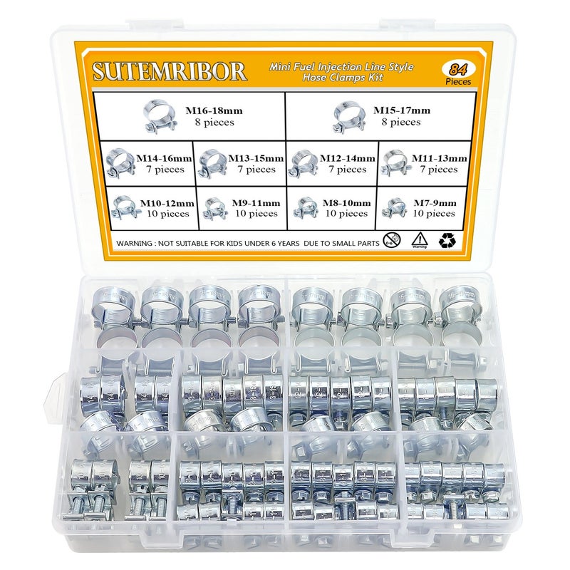Sutemribor 10 Sizes Mini Fuel Injection Line Style Hose Clamps Assortment Kit (84 PCS) - Image 1